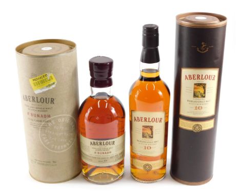 A bottle of Aberlour A'bunadh whisky, batch number 59, bottle straight from cask, 60.9, and a bottle of Aberlour highland sin