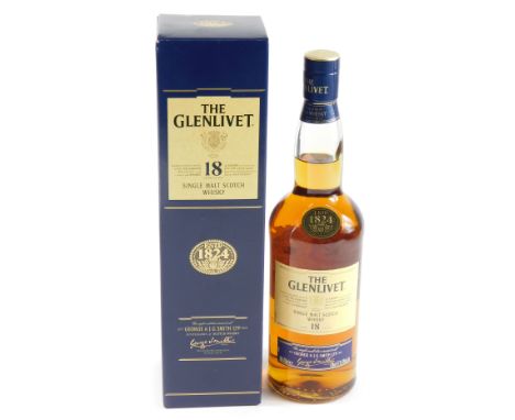 A bottle of the Glenlivet single malt scotch whisky, aged eighteen years. 