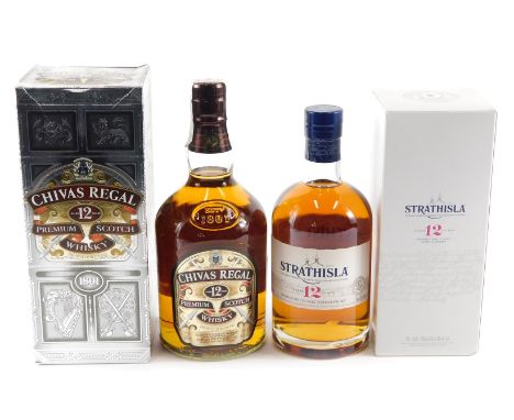 A bottle of Strathisla Highland Scotch whisky, aged twelve years, and a bottle of Chivas Regal, aged twelve years. (2) 