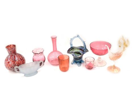 Decorative art glass, comprising cranberry goblet, 13cm high, two vases, tankard, frosted glass centrepiece, carnival glass s
