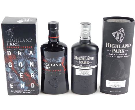 A bottle of Highland Park Dragon Legend single malt Scotch whisky, and a bottle of Highland Park Dark Origins single malt Sco