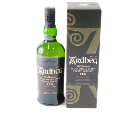 A bottle of Ardbeg Ultimate Islay single malt scotch whisky, aged ten years, boxed. 