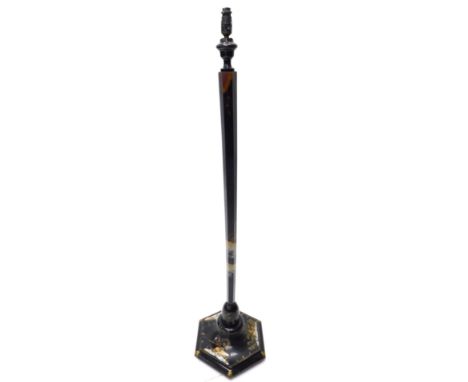 A black Japanned standard lamp, with hexagonal column and case, decorated with buildings etc., picked out in gilt, 156cm high