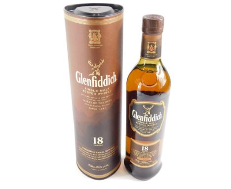A bottle of Glenfiddich single malt scotch whisky, aged eighteen years. 