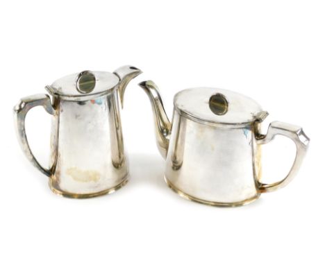 A heavy gauge Mappin and Webb art deco silver plated teapot and hot water jug, each with a demi-lune shaped knop. 