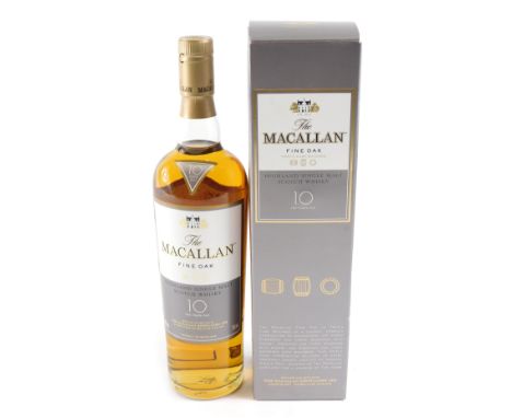 A bottle of The Macallan Fine Oak Highland single malt Scotch whisky, aged ten years. 