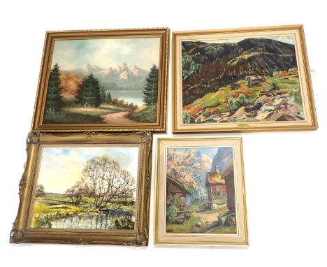 Four paintings, comprising After W.H.Evin cottage print, After Henrich Sorrenson, coloured print, woodland landscape, and an 