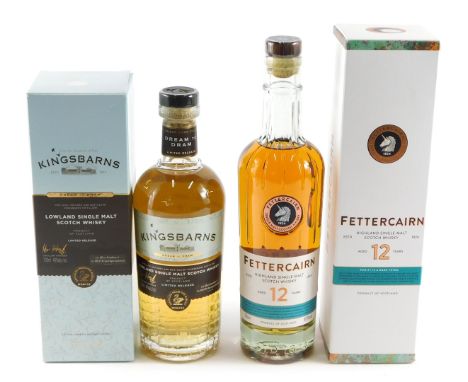 A bottle of Kingsbarns Lowland single malt scotch whisky, limited release, and a bottle of Fettercairn highland single malt s