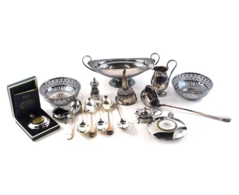 A quantity of silver plate, to include boat shaped centrepiece, wine funnel, ladle, hipflask, etc. 