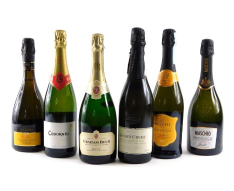 Six bottles of sparkling wine, to include South Africa, Australia, Italy, Spain.