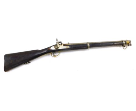 A 19thC East India Government percussion cavalry carbine, with fore and rear sights, the side lock plate stamped with a crown