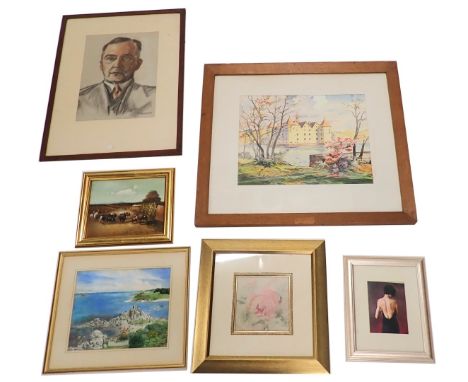 A collection of pictures and prints, comprising E.Pumfeld (20thC school) watercolour chalet scene, M.H.Gwynn pastel portrait 