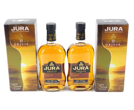 Two bottles of Jura single malt scotch whisky, aged ten years, origin. 
