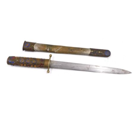 A WWII Chinese Nationalist dagger, with double edge blade, brass hilt and with brass bound faux tortoiseshell grip and brass 