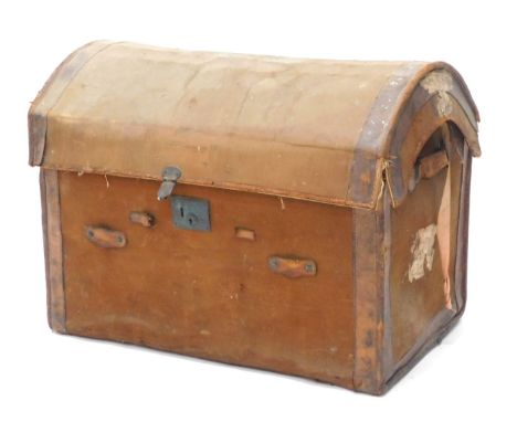 A late 19th/early 20thC canvas and leather domed trunk, 84cm wide. (AF)