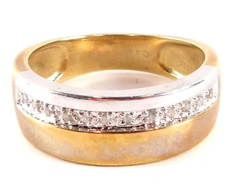 A 9ct gold dress ring, of bicolour design, set with single panel of tiny diamonds, ring size R½, 4.9g all in. 