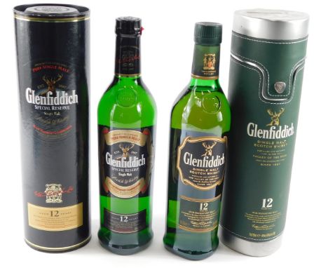 A bottle of Glenfiddich single malt scotch whisky, aged twelve years, and a bottle of Glenfiddich special reserve single malt