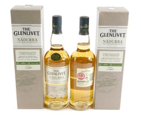 Two bottles of the Glenlivet Nadurra first fills section single malt scotch whisky, bottled 0714, batch number FF0714.