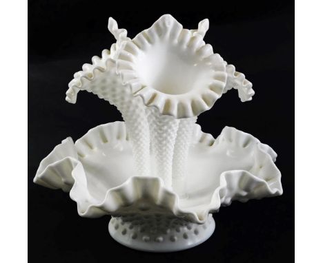 A Victorian white opaque glass three branch epergne, with a shaped dish base, 24cm high. 