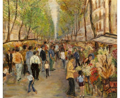 Spanish school (20th century)A flower market, Barcelona, signed 'Anne Bundass (?), oil on board, 62 x 72cm