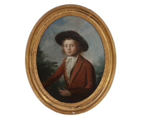 English school (early 19th century)Portrait of a young man wearing a broad rimmed hat and scarlet jacket, with cravat, oil on