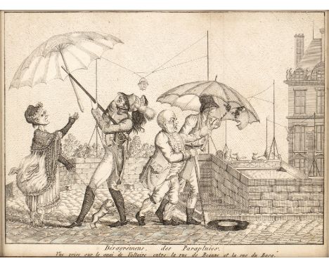 French school (late 18th century)'Desagremens des Parapluies', engraving, 16.5 x 22cm; and two further engravings to include 