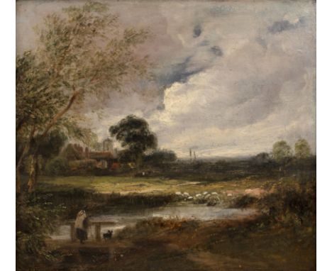 Attributed to Alfred Stannard (1806-1889)View near Norwich, oil on panel, 18 x 20cm Prov: With Eastbourne Fine Art; Mallams s