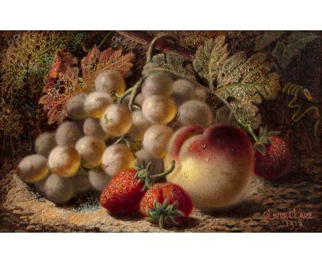 Oliver Clare (1853-1927)Still life - Peach, Strawberries and grapes on an earthy bank, signed and dated 1916, 12.5 x 19.5cm; 