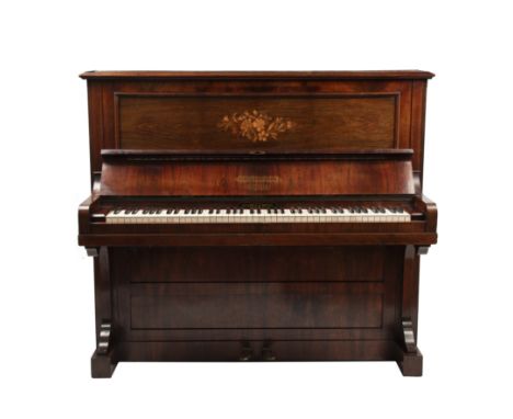 A late 19th century Bechstein rosewood cased upright piano, the fascia panel with floral inlay decoration, no. 26151, 138cm w