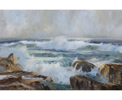 Richard Bonney (1902-1984)High Tide at Treyarnon Bay, oil on canvas, signed, 49 x 75cm; and a seascape by Larry Johns (2).