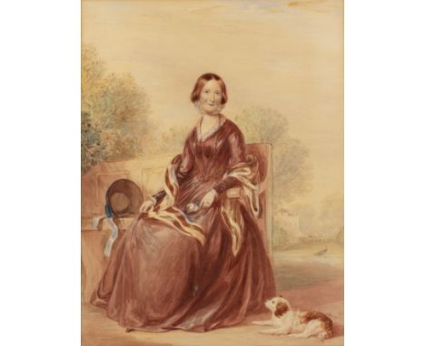 English school (19th century)Portrait of a lady seated in a chair with spaniel alongside, signed (partially obscured by mount