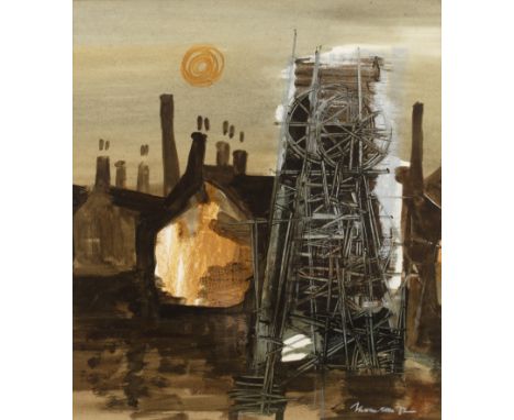 Ann Thomson (Australian b. 1933)A colliery pit head, signed and dated '72, mixed media, 44 x 39cm