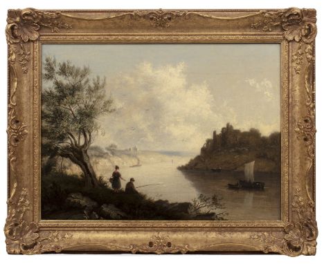 English school (19th century)Figures fishing in an estuary, with ruined castle beyond, oil on canvas, 29 x 39cm