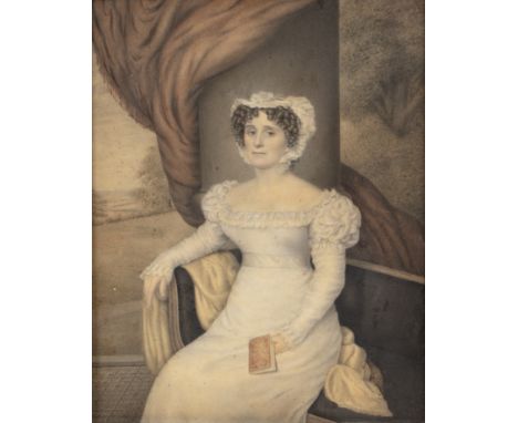 English School, (19th century)Portrait of a lady, seated and holding a book with landscape in the distance, watercolour, 22.5