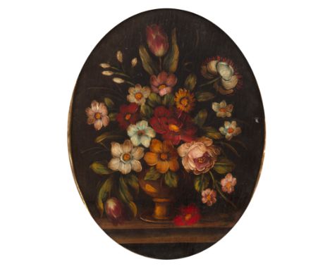 Continental school (20th century)Still life - a vase of flowers upon a table ledge, oil on panel, 23 x 17.5cm, oval, in a gil