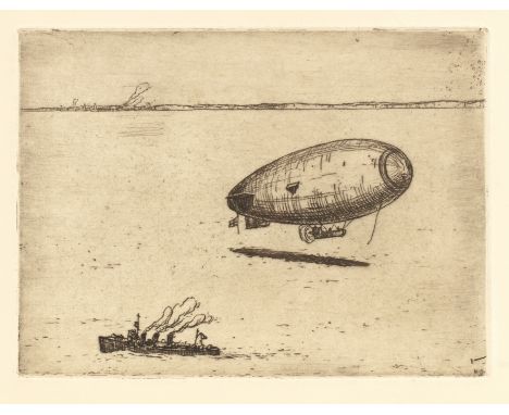 Nelson Dawson (1859-1941)'First World War Dover Airship searching for enemy submarines off Folkstone', etching, signed with i