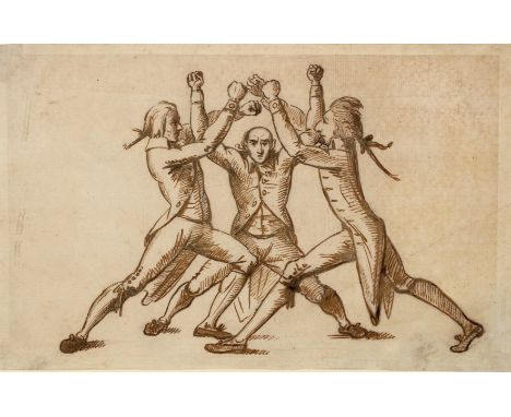 English school (18th century)Fisticuffs, sepia pen and ink, 17 x 27cm; together with two further to include: 'Long half crown