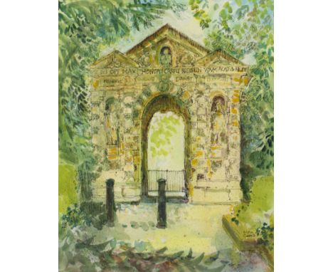 Nina Carroll (1932-1990)The Danby Gate, Oxford Botanical Gardens, signed, pen, ink and watercolour, 47 x 38cm