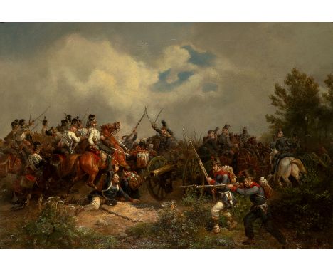 I*H* (19th century)A Crimean ambush, with mounted cavalry attacking a gun carriage, signed with initials and dated 1854, oil 