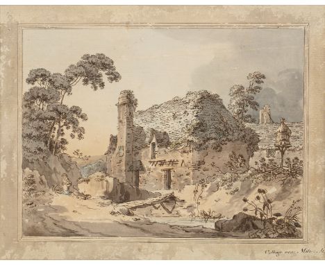 William Payne (1755/60-c.1830)Cottage near Milbrook, etching with hand-colouring, and grey wash border, 15 x 20cm