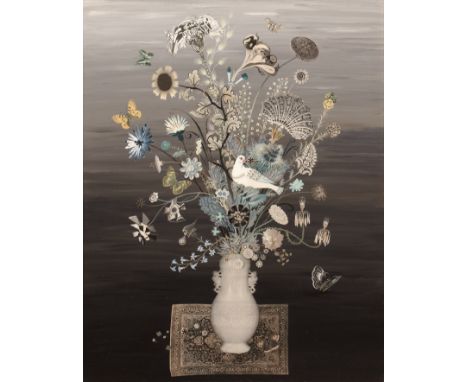 Susan French (b. 1912)'White Bird Flower Collage', signed, inscribed with title verso, oil on board, 75 x 59cm