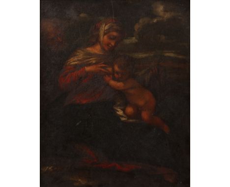 Italian school (17th century)Madonna with child, oil on canvas, 29 x 23cm; in carved giltwood frame   Has an old lining.  The