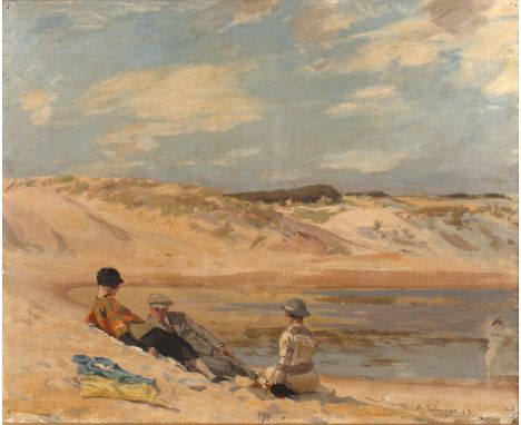 Algernon Mayow Talmage (1871-1939)A sandy bay with figures reclining on the beach, signed and dated '25, oil on canvas, 59 x 