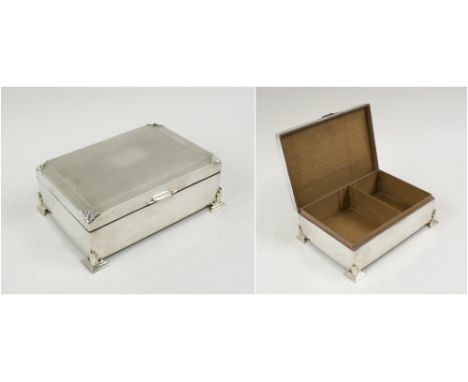 SILVER CIGARETTE BOX, circa 1930s, the lid with engine engraved detail, cedarwood lining, marks rubbed, 6.5cm x 18.5cm x 13cm