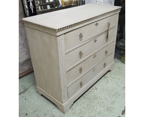 COMMODE, 19th century Gustavian grey painted with castellated frieze above three long drawers, 48cm x 112cm W x 95cm H.