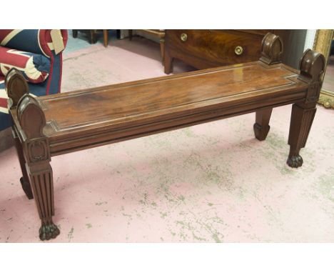 HALL BENCH, Regency mahogany, circa 1815, with panelled seat and corner finials, 138cm W x 38cm D x 62cm H.