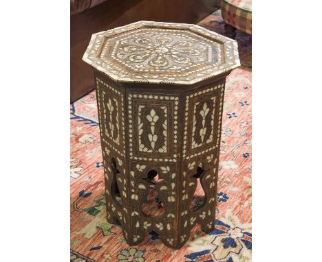 MOORISH TABLE, vintage Moorish hardwood bone and mother of pearl inset octagonal with conforming arcaded base, 44cm diam x 62