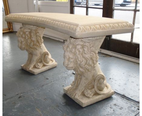 GARDEN BENCH, demi lune with lion supports, 117cm L x 55cm H.