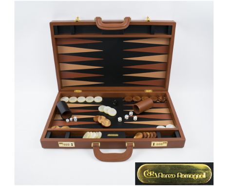 RENZO ROMAGNOLI TRAVELLING BACKGAMMON SET, tan elather clad case, combination lock, 59cm x 37cm.