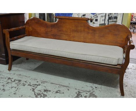 HALL BENCH, country house 19th century fruitwood and pine with scroll back, turned outswept arms, panelled seat and cushion, 